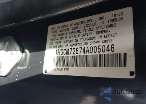 2004 Honda Accord 2.4 Ex from USA, damaged, VIN 1HGCM72674A005046